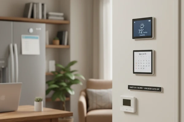 Smart Home E-ink Display - Ambient Info Screen for Home Automation E-ink smart home display showing weather calendar and to-do list mounted on wall